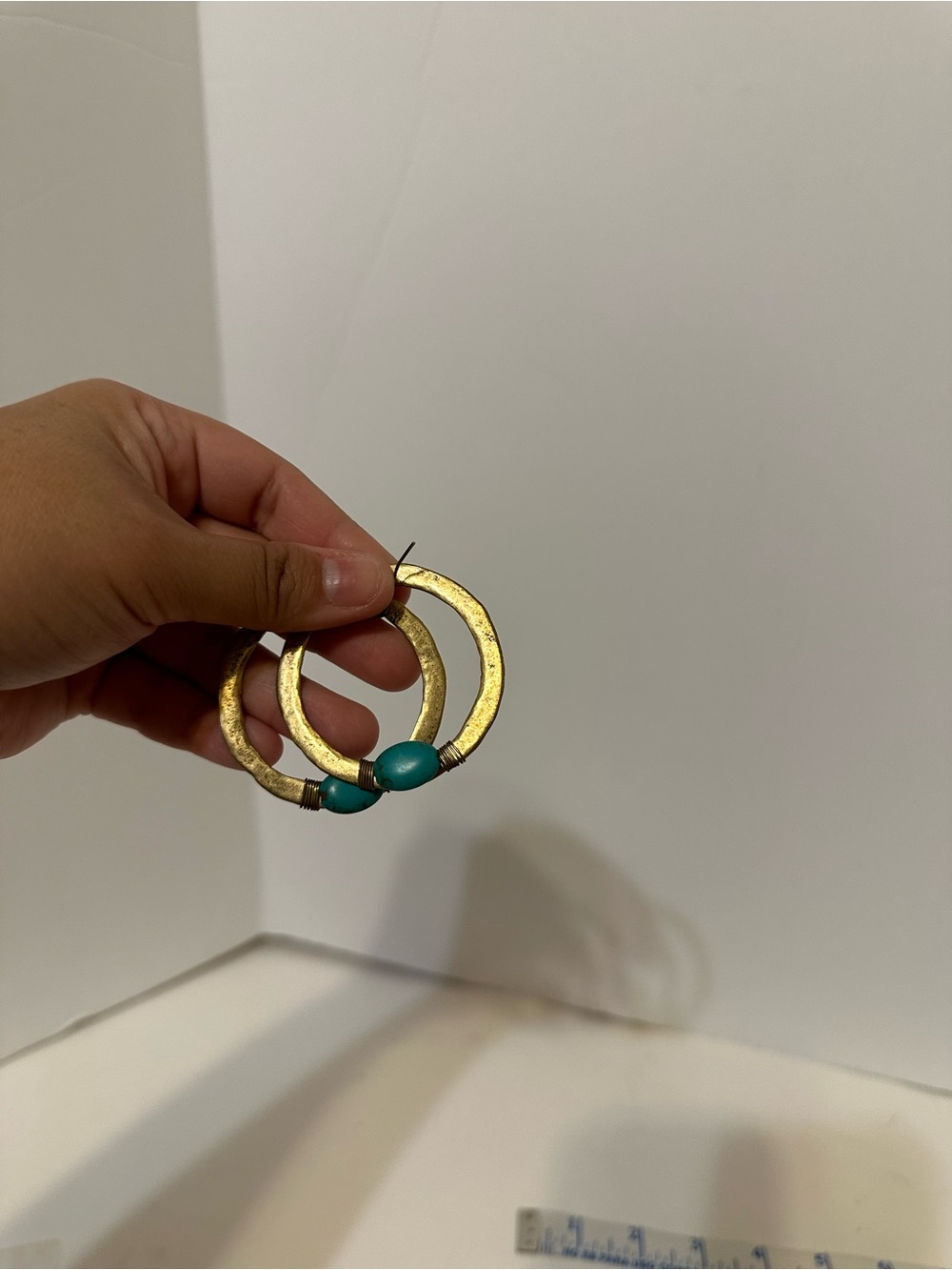 Gold Hoop Earrings with Teal Bead Accent